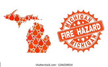 Fire hazard collage of map of Michigan State burning and unclean stamp seal. Map of Michigan State vector collage designed for fire insurance templates.
