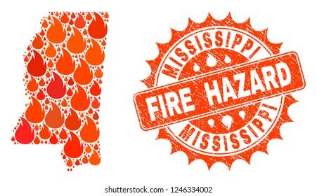 Fire hazard collage of map of Mississippi State burning and corroded stamp. Map of Mississippi State vector collage designed for fire insurance illustrations.