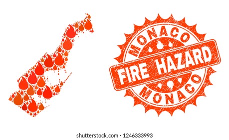 Fire hazard collage of map of Monaco burning and textured stamp seal. Map of Monaco vector collage designed for fire insurance illustrations. Mosaic map of Monaco designed with bright flame items.