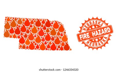 Fire hazard collage of map of Nebraska State burning and unclean stamp. Map of Nebraska State vector collage designed for fire insurance illustrations.