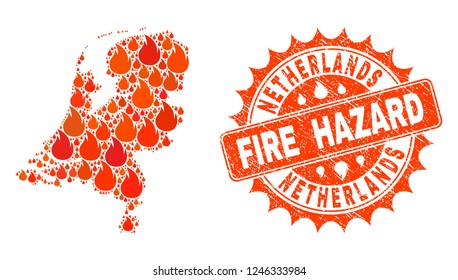 Fire hazard collage of map of Netherlands burning and scratched seal. Map of Netherlands vector collage composed for fire insurance illustrations.