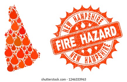 Fire hazard collage of map of New Hampshire State burning and rubber seal. Map of New Hampshire State vector collage designed for fire insurance purposes.