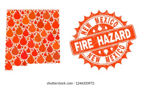 Fire hazard collage of map of New Mexico State burning and textured stamp seal. Map of New Mexico State vector collage composed for fire insurance illustrations.