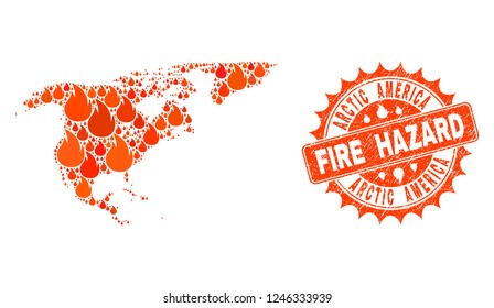 Fire hazard collage of map of North America and Greenland burning and textured stamp. Map of North America and Greenland vector collage formed for fire insurance templates.