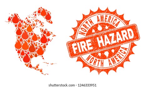 Fire hazard collage of map of North America burning and dirty stamp. Map of North America vector collage composed for fire insurance posters.