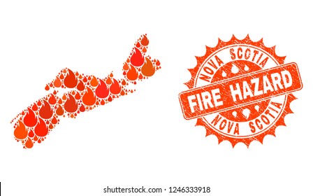 Fire hazard collage of map of Nova Scotia Province burning and grunge stamp seal. Map of Nova Scotia Province vector collage designed for fire insurance templates.