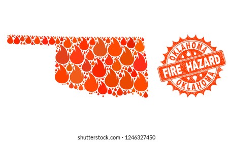 Fire hazard collage of map of Oklahoma State burning and unclean seal. Map of Oklahoma State vector collage composed for fire insurance posters.