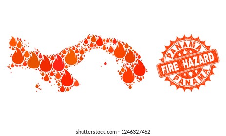 Fire hazard collage of map of Panama burning and unclean stamp seal. Map of Panama vector collage designed for fire insurance purposes. Mosaic map of Panama designed with colored flame items.