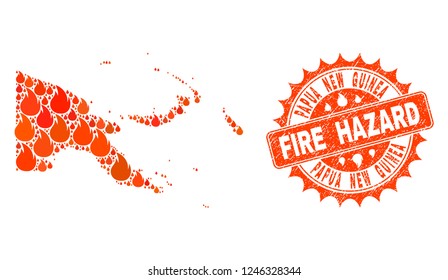 Fire hazard collage of map of Papua New Guinea burning and rubber seal. Map of Papua New Guinea vector collage formed for fire insurance templates.