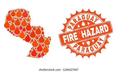 Fire hazard collage of map of Paraguay burning and unclean stamp seal. Map of Paraguay vector collage designed for fire insurance purposes. Mosaic map of Paraguay designed with colorful flame items.