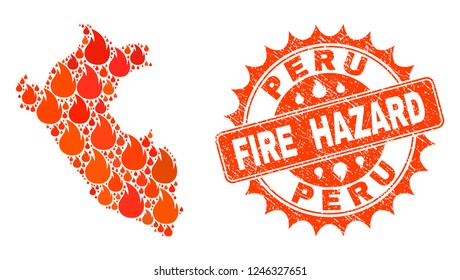 Fire hazard collage of map of Peru burning and grunge seal. Map of Peru vector collage designed for fire insurance purposes. Mosaic map of Peru designed with orange flame items.