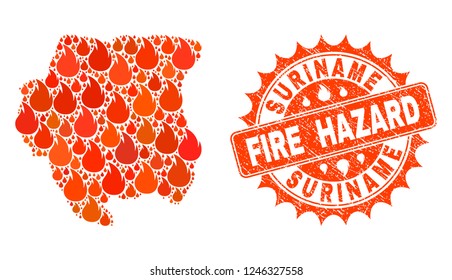Fire hazard collage of map of Suriname burning and grunge seal. Map of Suriname vector collage designed for fire insurance posters. Mosaic map of Suriname designed with colored flame items.