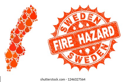 Fire hazard collage of map of Sweden burning and scratched stamp. Map of Sweden vector collage designed for fire insurance purposes. Mosaic map of Sweden constructed with colored flame items.