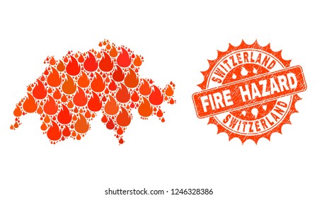 Fire hazard collage of map of Switzerland burning and unclean stamp. Map of Switzerland vector collage designed for fire insurance posters.