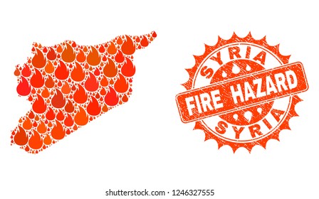 Fire hazard collage of map of Syria burning and textured seal. Map of Syria vector collage formed for fire insurance posters. Mosaic map of Syria designed with orange flame items.