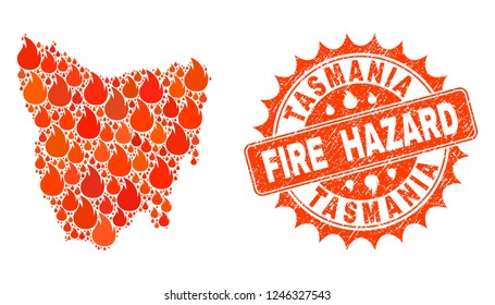Fire hazard collage of map of Tasmania Island burning and grunge seal. Map of Tasmania Island vector collage designed for fire insurance illustrations.
