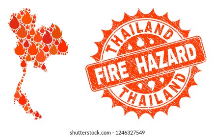 Fire hazard collage of map of Thailand burning and grunge stamp. Map of Thailand vector collage composed for fire insurance posters. Mosaic map of Thailand designed with orange flame items.