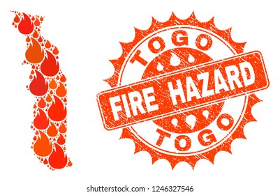 Fire hazard collage of map of Togo burning and scratched stamp. Map of Togo vector collage designed for fire insurance purposes. Mosaic map of Togo designed with colored flame items.