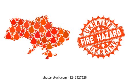 Fire hazard collage of map of Ukraine burning and textured stamp. Map of Ukraine vector collage designed for fire insurance templates. Mosaic map of Ukraine designed with orange flame items.