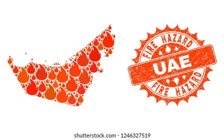 Fire hazard collage of map of United Arab Emirates burning and rubber stamp seal. Map of United Arab Emirates vector collage designed for fire insurance templates.