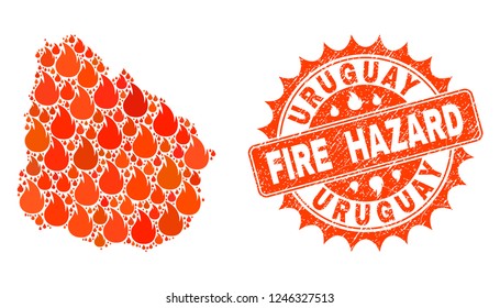 Fire hazard collage of map of Uruguay burning and rubber stamp. Map of Uruguay vector collage designed for fire insurance purposes. Mosaic map of Uruguay designed with orange flame items.