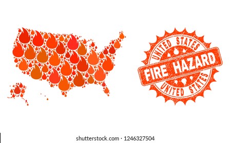 Fire hazard collage of map of USA territories burning and textured stamp. Map of USA territories vector collage designed for fire insurance purposes.