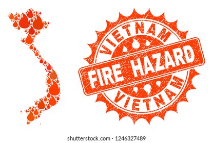 Fire hazard collage of map of Vietnam burning and textured stamp seal. Map of Vietnam vector collage designed for fire insurance posters. Mosaic map of Vietnam designed with orange flame items.