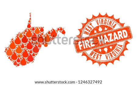 Fire hazard collage of map of West Virginia State burning and dirty stamp. Map of West Virginia State vector collage designed for fire insurance posters.