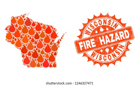 Fire hazard collage of map of Wisconsin State burning and corroded stamp. Map of Wisconsin State vector collage formed for fire insurance posters.