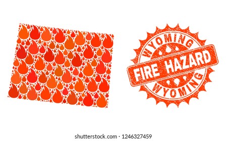Fire hazard collage of map of Wyoming State burning and corroded stamp seal. Map of Wyoming State vector collage designed for fire insurance templates.