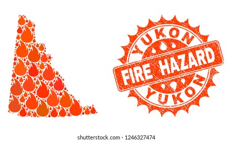 Fire hazard collage of map of Yukon Province burning and textured stamp seal. Map of Yukon Province vector collage created for fire insurance posters.
