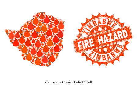 Fire hazard collage of map of Zimbabwe burning and rubber stamp. Map of Zimbabwe vector collage created for fire insurance purposes. Mosaic map of Zimbabwe constructed with colored flame items.