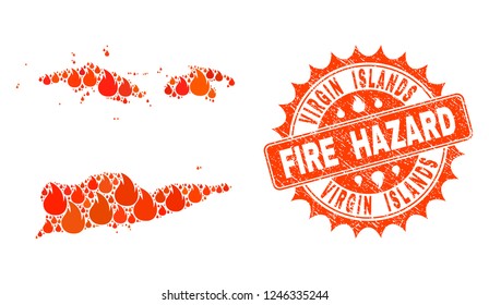 Fire hazard combination of map of American Virgin Islands burning and textured stamp. Map of American Virgin Islands vector collage designed for fire insurance templates.