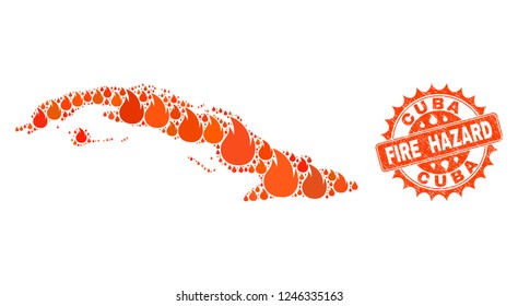 Fire hazard combination of map of Cuba Island burning and textured seal. Map of Cuba Island vector collage designed for fire insurance templates.
