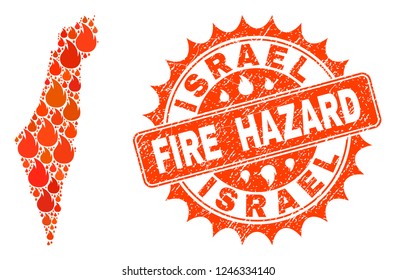 Fire hazard combination of map of Israel burning and grunge stamp seal. Map of Israel vector collage designed for fire insurance illustrations. Mosaic map of Israel designed with bright flame items.