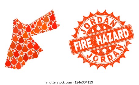 Fire hazard combination of map of Jordan burning and rubber stamp. Map of Jordan vector collage designed for fire insurance illustrations. Mosaic map of Jordan designed with orange flame items.