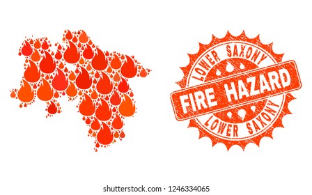 Fire hazard combination of map of Lower Saxony State burning and textured seal. Map of Lower Saxony State vector collage designed for fire insurance purposes.