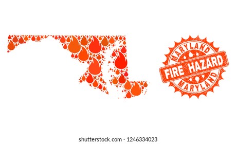 Fire hazard combination of map of Maryland State burning and corroded stamp. Map of Maryland State vector collage designed for fire insurance templates.