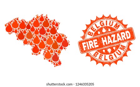 Fire hazard composition of map of Belgium burning and rubber seal. Map of Belgium vector collage designed for fire insurance templates. Mosaic map of Belgium designed with colored flame items.