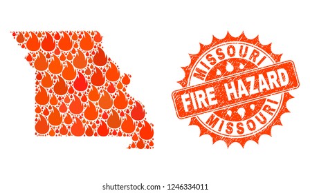 Fire hazard composition of map of Missouri State burning and textured seal. Map of Missouri State vector collage designed for fire insurance illustrations.