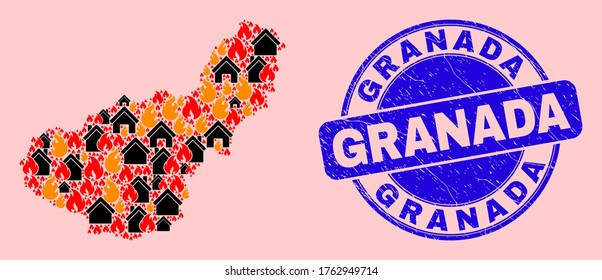 Fire hazard and homes collage Granada Province map and Granada corroded seal. Vector collage Granada Province map is formed of random burning cities.