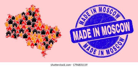 Fire hazard and homes composition Moscow Region map and Made in Moscow dirty stamp print. Vector collage Moscow Region map is organized with scattered burning cities.