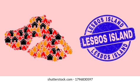 Feuergefahr und Häuser Mosaik Lesbos Island Karte und Lesbos Island grunge Briefmarkenprint. Vektorgrafik Lesbos Island Karte wird mit verstreuten brennenden Städten gemacht.