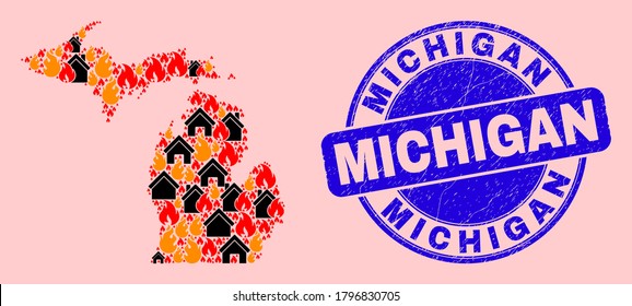 Fire hazard and homes mosaic Michigan State map and Michigan grunge seal. Vector mosaic Michigan State map is composed from random burning homes.
