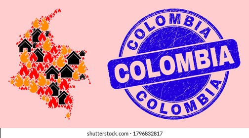 Fire hazard and houses collage Colombia map and Colombia textured stamp imitation. Vector collage Colombia map is organized from scattered burning cities.