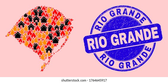 Riesgo de incendio y casas de collage del mapa del estado de Rio Grande do Sul y la imitación del sello de Rio Grande arañado. Collage de vectores del mapa estatal Rio Grande do Sul fue creado a partir de ciudades quemadas al azar.