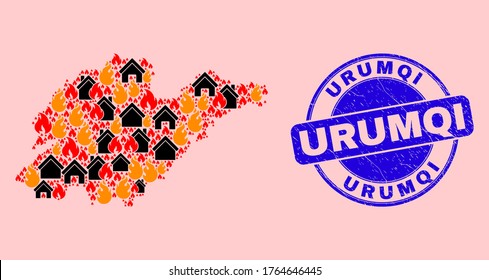 Fire hazard and houses collage Shandong Province map and Urumqi scratched stamp imitation. Vector mosaic Shandong Province map is formed of scattered burning homes.