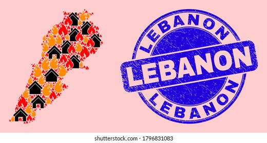 Fire hazard and houses combination Lebanon map and Lebanon corroded watermark. Vector collage Lebanon map is made with randomized burning homes.