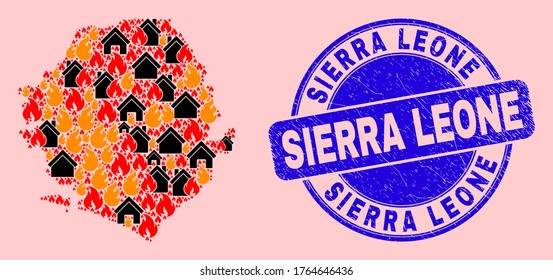 Fire hazard and houses composition Sierra Leone map and Sierra Leone corroded watermark. Vector collage Sierra Leone map is formed of randomized burning houses.