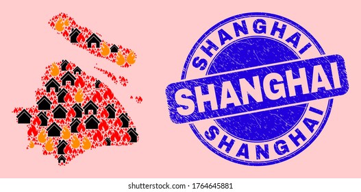 Fire hazard and houses mosaic Shanghai City map and Shanghai textured stamp print. Vector mosaic Shanghai City map is organized from randomized burning houses.